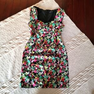 Nanette Lepore Neon Floral Ruched Mini Dress size 4 Black Multicolor